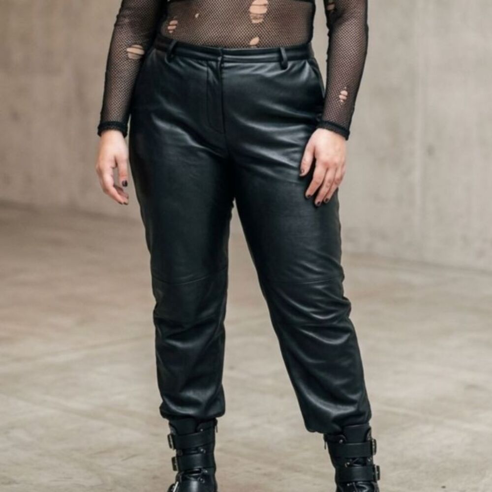 DKNY Black Leather Flat Front Pants 14